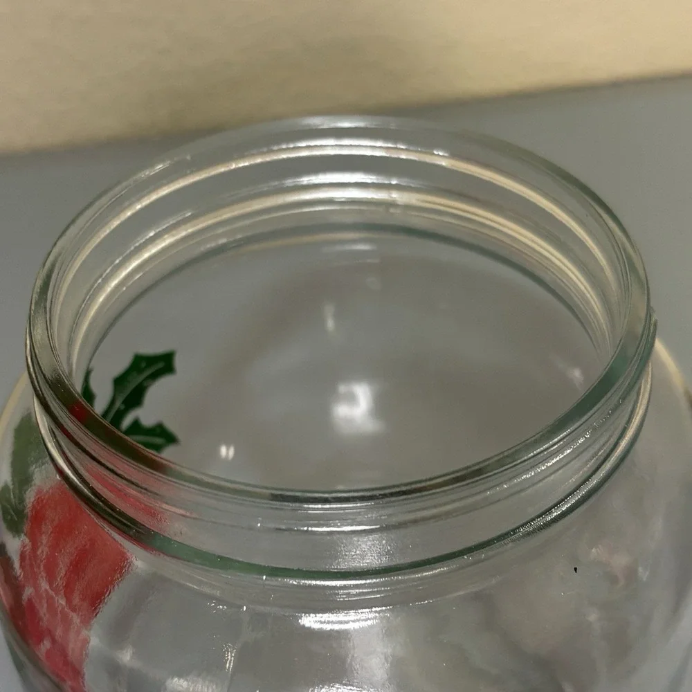 Anchor Hocking Christmas Bells Holly Glass Jar Red Lid Large Holiday Collectible